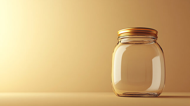 A clear glass jar with a golden lid, symbolizing purity and value, placed against an elegant, minimalist background. The simplicity of the scene conveys clarity and potential, with space for captionin