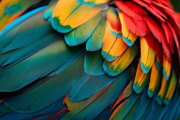 Fototapeta premium Scarlet macaw (Ara ararauna) feathers background. Generative AI