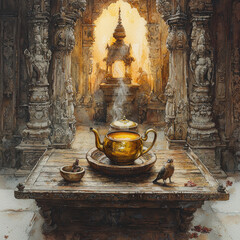 Golden_teapot_steams_in_ancient_temple;_bird_perched_on_ornate_table.