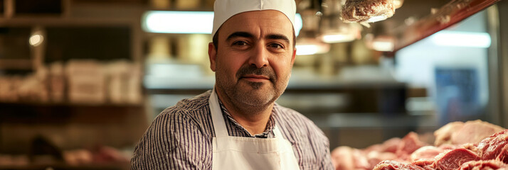 A focused male butcher in a white cap and apron, captured in a close-up portrait, behind a spotless counter showcasing his craft and dedication to quality, banner