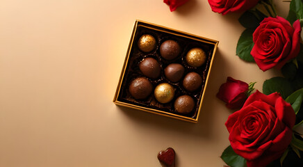 Assorted chocolates packed in a luxurious gold square box with fresh red roses on a light beige background, perfect for Valentine's Day, romantic advertisement.