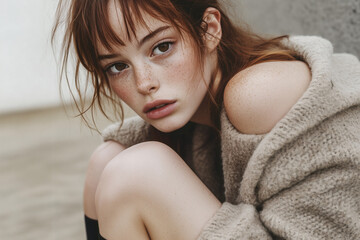 Naklejka premium Freckled woman in a knit cardigan
