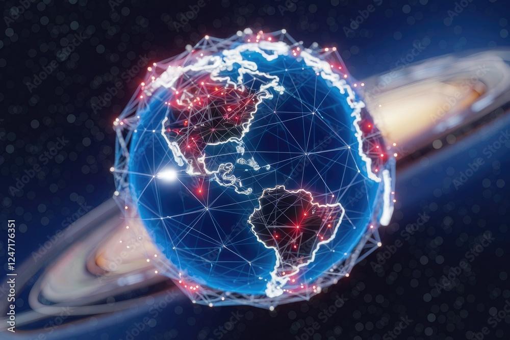 Poster Global network connections visualized as a digital Earth, showcasing interconnectedness and data flow.