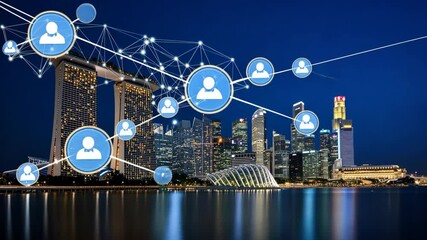 The vibrant skyline of Singapore illuminated at night highlights innovative architecture and digital technology connections over the water