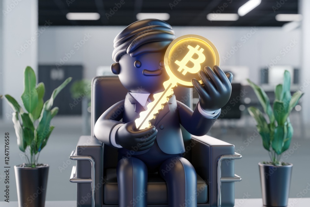 Aufkleber a 3d rendered businessman holds a bitcoin-shaped key, symbolizing cryptocurrency access and success.