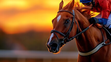 A jockey riding a chestnut horse during sunset with a vibrant orange sky.