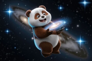 Obraz premium Adorable panda holding a miniature galaxy in space, surrounded by stars.