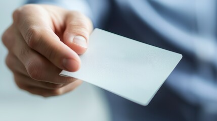 Obraz premium Close-up of a person's hand holding a blank white business card, with a blurred background. Ideal for branding and mockups.