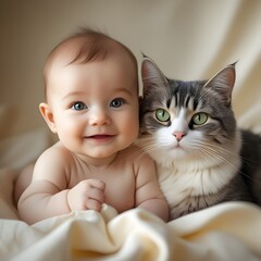 baby with kitten