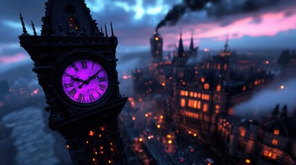 This image features a striking clock tower illuminated by vibrant hues, creating an enchanting atmosphere over a mysterious city, embodying the majesty of time against twilight.