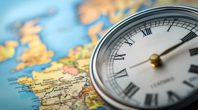 Close-up of an antique watch overlaid on an aged world map, signifying the importance of time in global history. A concept image for defense, strategy, and historical significance. - Powered by Adobe