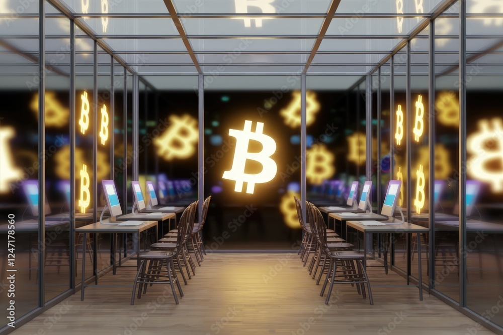 Poster modern bitcoin mining facility with computers and glowing bitcoin symbols, symbolizing cryptocurrenc
