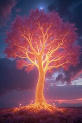 Glowing pink tree illuminates a twilight sky in a fantastical landscape filled with vibrant hues