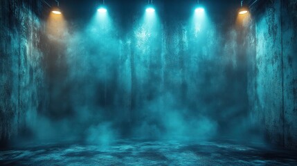 Smoky stage, blue lights, grunge walls, backdrop