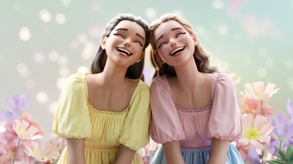 Two cheerful cartoon twin sisters in pastel dresses laughing happily amidst a dreamy flower garden.