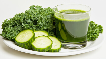 Refreshing green juice served with fresh kale and cucumber on a minimalist white plate