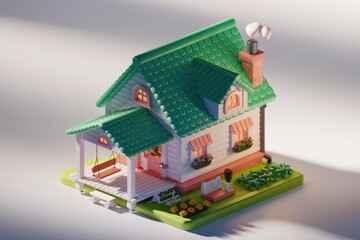 Charming 3D rendered cottage with green roof, porch swing, and flower garden.