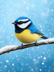 Naklejka premium Blue Tit Perched on Branch with Snow Against Blue Background - A vibrant blue tit bird perched elegantly on a snowy branch