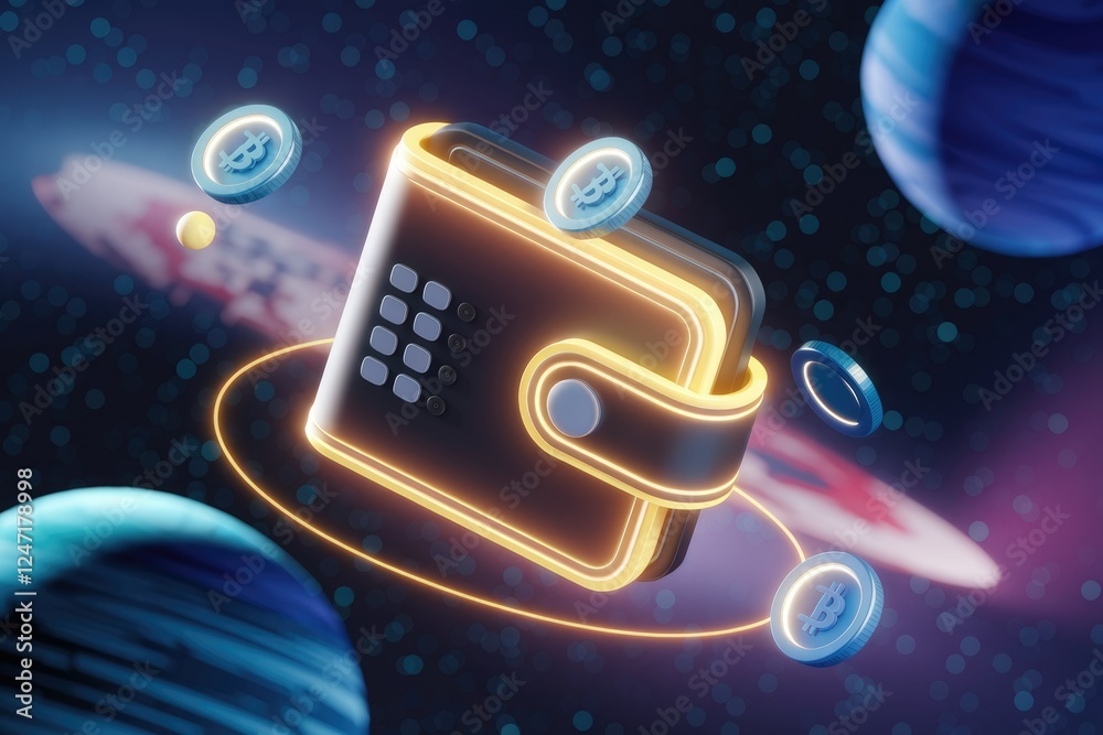 Poster Glowing crypto wallet with Bitcoins orbiting in space, representing digital currency security and futuristic finance.
