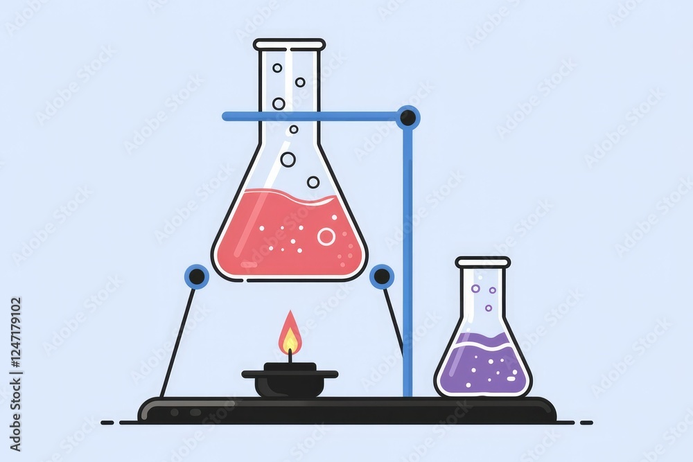 Poster laboratory setup with two beakers containing liquids, heated by a bunsen burner.