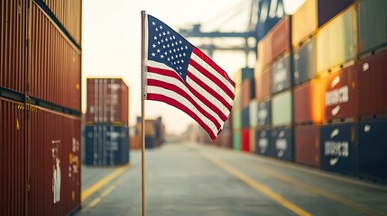 Close-up of the American flag in front of shipping containers labeled 'Import', symbolizing economic protection and domestic market regulation.