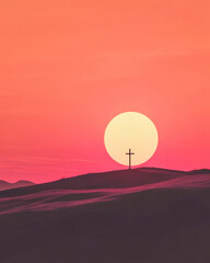 Silhouette of a cross against a warm sunset in a serene minimalist landscape