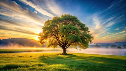 Fototapeta premium Serene Morning Light: Single Tree Landscape Long Exposure
