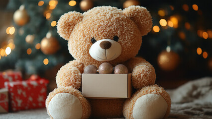 Teddy bear with a gift – a large teddy bear holds a box with an ornament or a note