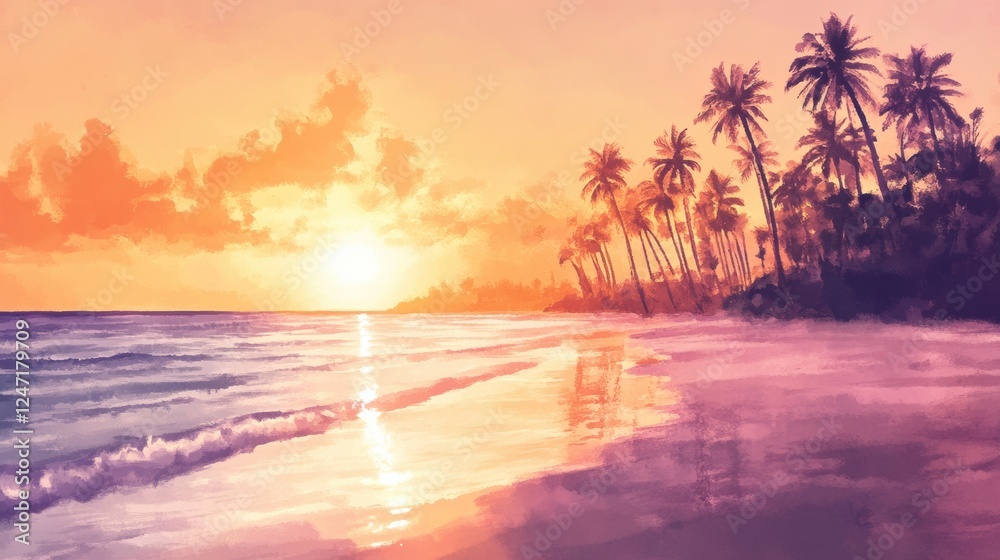 Aufkleber sunset over a tranquil beach with palm trees and gentle waves washing ashore in a watercolor illustr