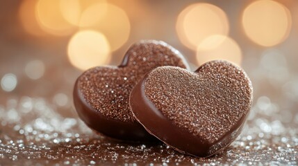 Fototapeta premium Chocolate hearts, romantic bokeh, festive sparkle, Valentine's Day