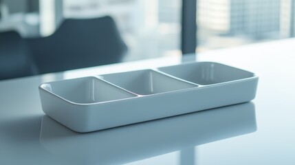 Close-up of a desk organizer on a clean white surface, ideal for promoting office organization products.