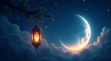 Ramadan Kareem background banner. Islamic Greeting Cards  Crescent moon  glowing lantern blue background
