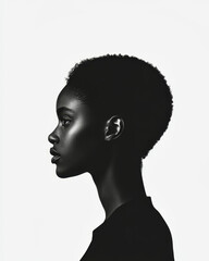 Side profile silhouette of a woman's upper body in striking black and white contrast