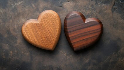 Two Wooden Hearts on Dark Brown Background, Valentine's Day Concept