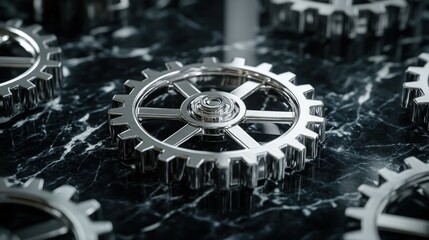 Chrome gears meshing on marble; teamwork concept