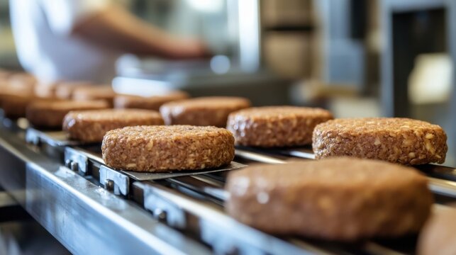 Plant based burger patties moving along a production line in a food processing facility. The focus is on the industrial process of creating meat alternatives for sustainable consumption