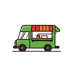 Fototapeta premium Green food truck selling items on the street with a white backdrop for advertising