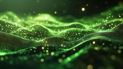 Abstract green digital landscape with glowing fiber-optic strands and particles.