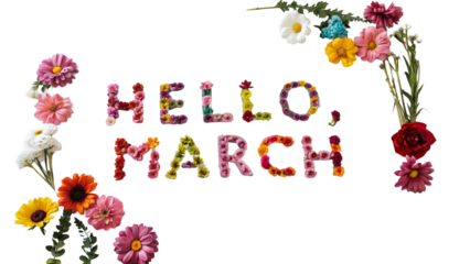 Welcome march with colorful flowers floral arrangement spring vibes isolated on transparent background