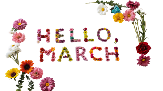 Welcome march with colorful flowers floral arrangement spring vibes isolated on transparent background