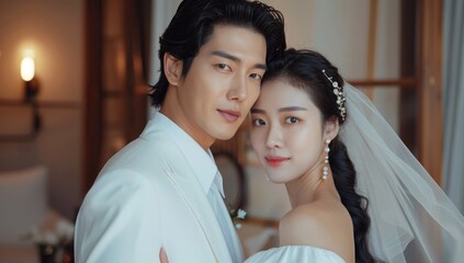 Korean couple like in a Korean drama with a modern man and woman with long beautiful hair
