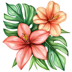 Fototapeta premium Vibrant Tropical Flowers with Green Leaves in Botanical Style Illustration