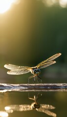 A mesmerizing nature shot of a dragonfly in perfect symmetry over a reflective water surface, illuminated by soft sunlight. The detailed wings create a breathtaking pattern.