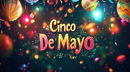 Naklejka premium Cinco de Mayo Typography with Confetti and Sparkling Effects