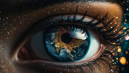 Generated image. An eye reflects Earth, creating a captivating fusion of human and planetary elements. The cosmic backdrop of stars enhances the universal connection portrayed in the iris.