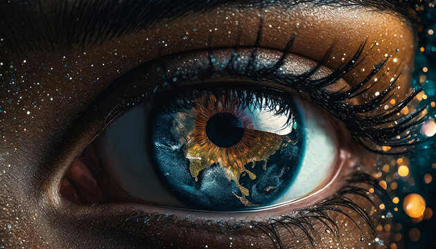 Generated image. An eye reflects Earth, creating a captivating fusion of human and planetary elements. The cosmic backdrop of stars enhances the universal connection portrayed in the iris.
