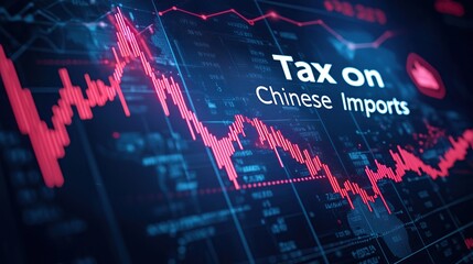 Rising line graph labeled "Tax on Chinese Imports," representing the impact of tariffs on the economy. Perfect for financial news, business reports, and policy discussions.
