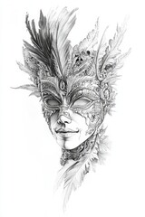 Highly detailed pencil sketch of an ornate mask adorned with intricate patterns, feathers, and symbolic elements