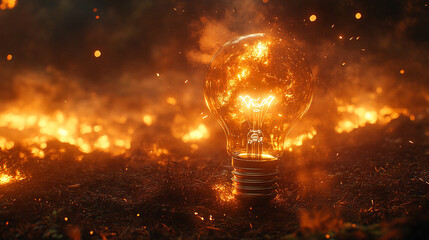 A light bulb bursts, releasing vibrant sparks and particles into the darkness, symbolizing the explosion of creativity and innovative ideas in a dramatic and chaotic moment of inspiration.

