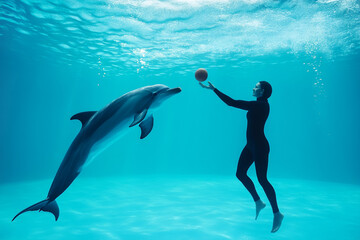 Dolphin trainer plays underwater in an aquarium with a dolphin and ball, training the animal